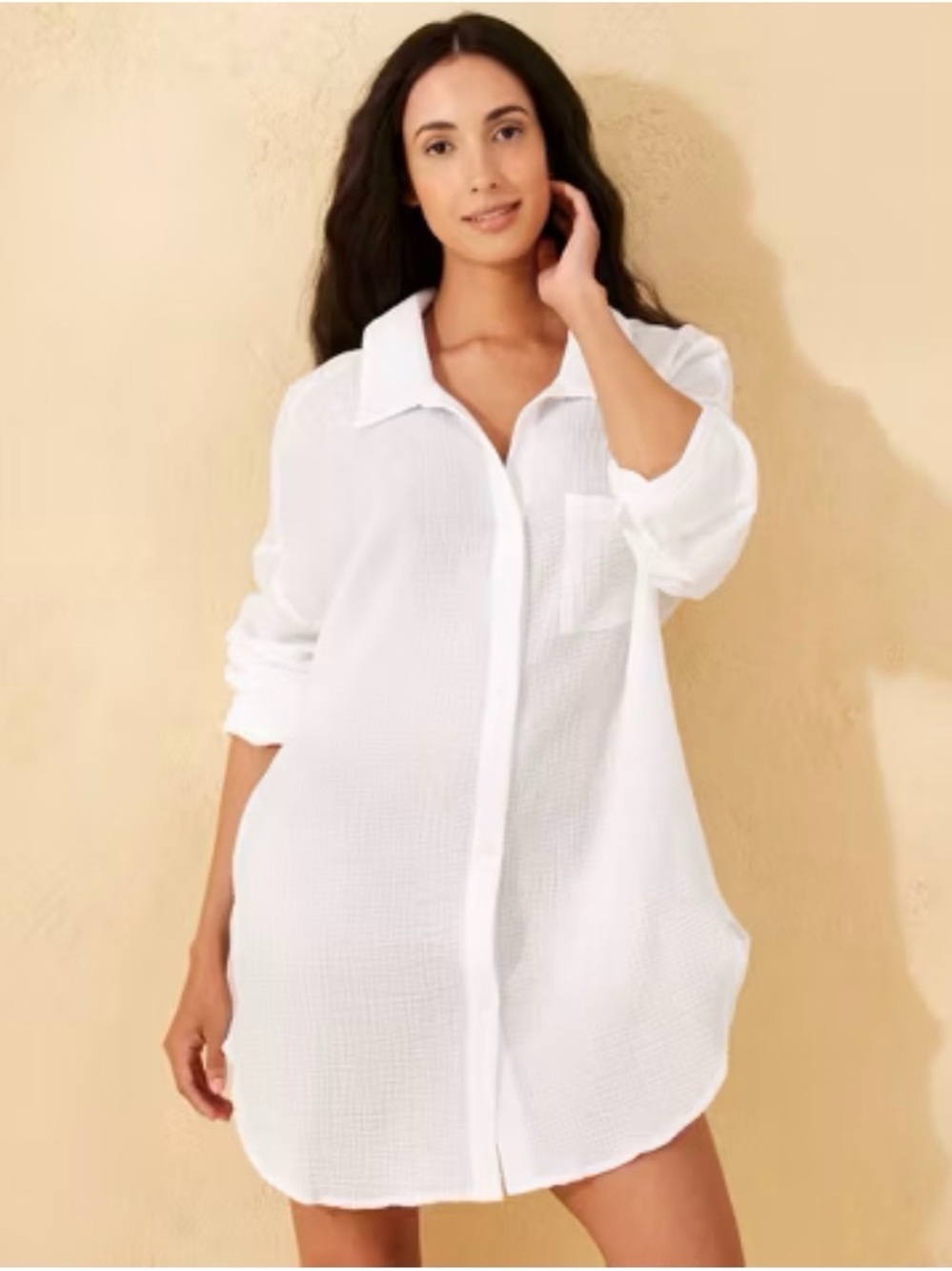 Women’s Gauze Cover Up Shirtdress Cotton,Long Sleeve,Banded Collar,Patch Pocket
